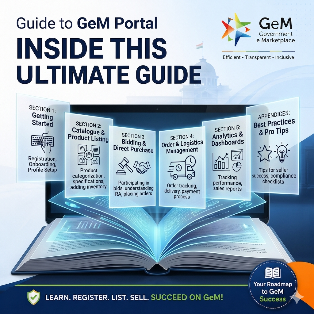 GeM Portal Guide illustrating primary user creation, Aadhaar/PAN validation, product/service catalog uploading, QCI vendor assessment, and bid submission.