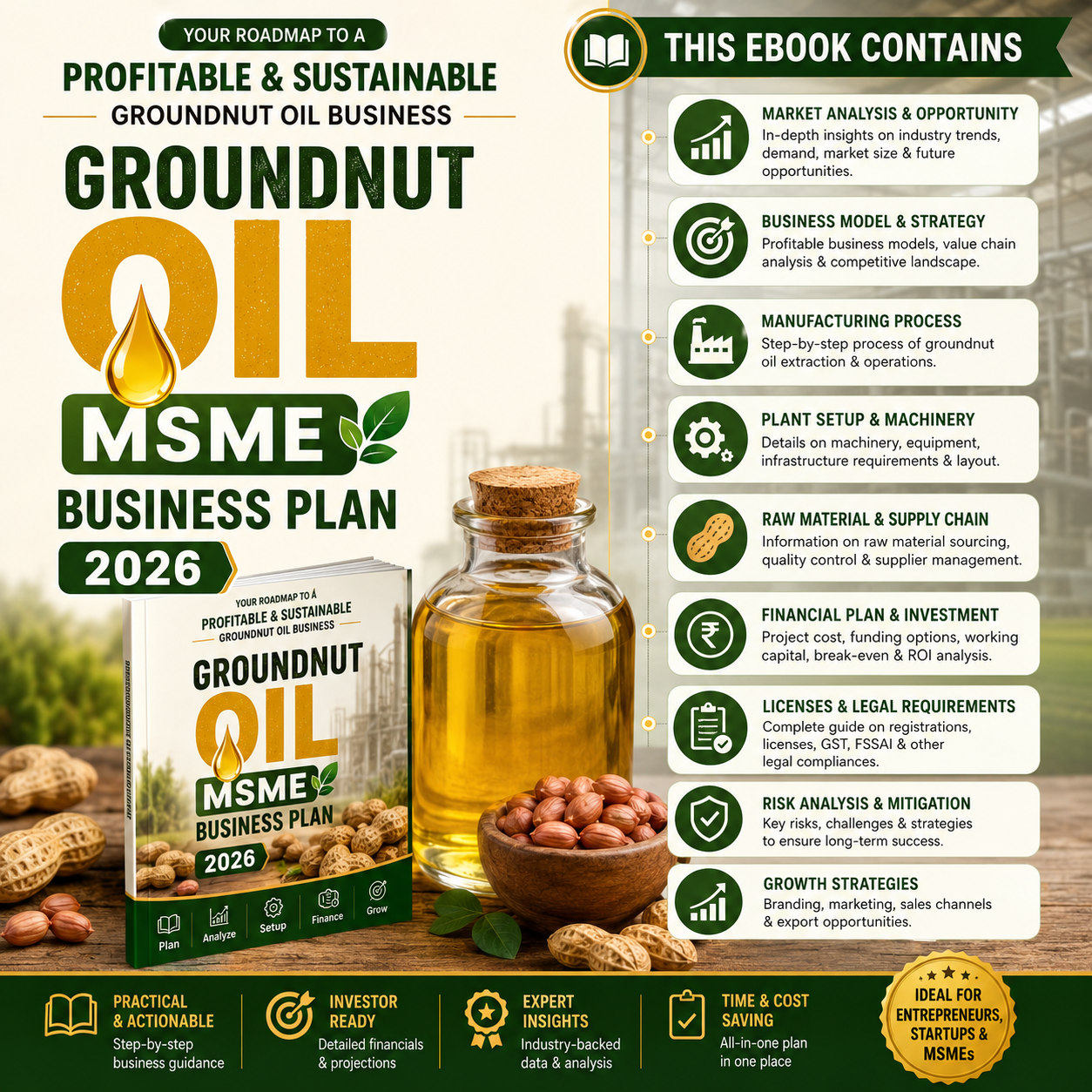 Groundnut Oil Business Plan illustrating peanut decorticating/shelling, seed cleaning and conditioning, oil expelling/cold-pressing, plate filter filtration, and tin/bottle filling.