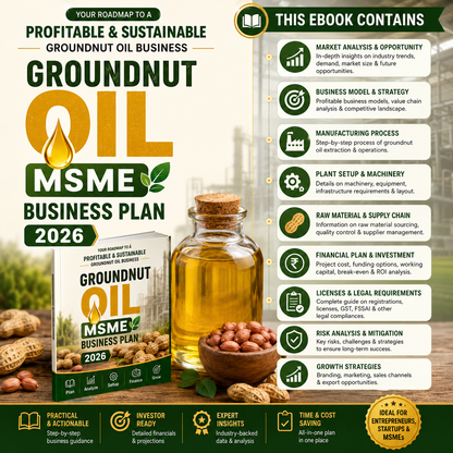 Groundnut Oil Business Plan illustrating peanut decorticating/shelling, seed cleaning and conditioning, oil expelling/cold-pressing, plate filter filtration, and tin/bottle filling.