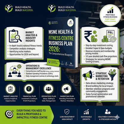 Health & Fitness Centre Business Plan illustrating spatial planning for cardio zones, heavy weightlifting area, group exercise studio, reception, and locker rooms.