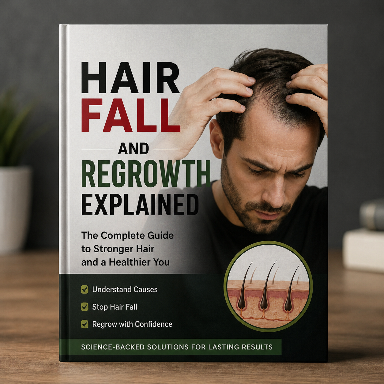 Hair Fall and Regrowth Explained book showing a clean design on hair loss science and restoration.