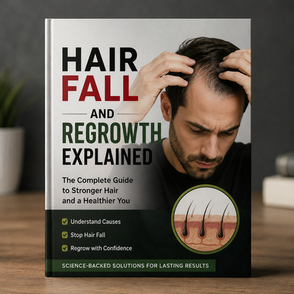 Hair Fall and Regrowth Explained book showing a clean design on hair loss science and restoration.