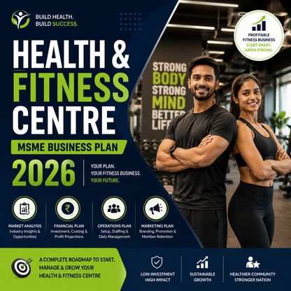 Health & Fitness Centre MSME Business Plan 2026 featuring modern commercial gym equipment, cardio zones, free weight racks, and functional training spaces.