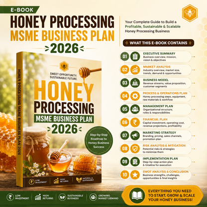 Honey Processing Business Plan illustrating raw honey pre-heating, coarse and fine filtration, vacuum evaporation moisture reduction, thermal pasteurization, settling tanks, and automatic jar filling.