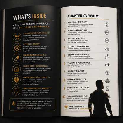 Essential for Humans to Super Humans illustrating evidence-based supplementation protocols and nutrition tiers.