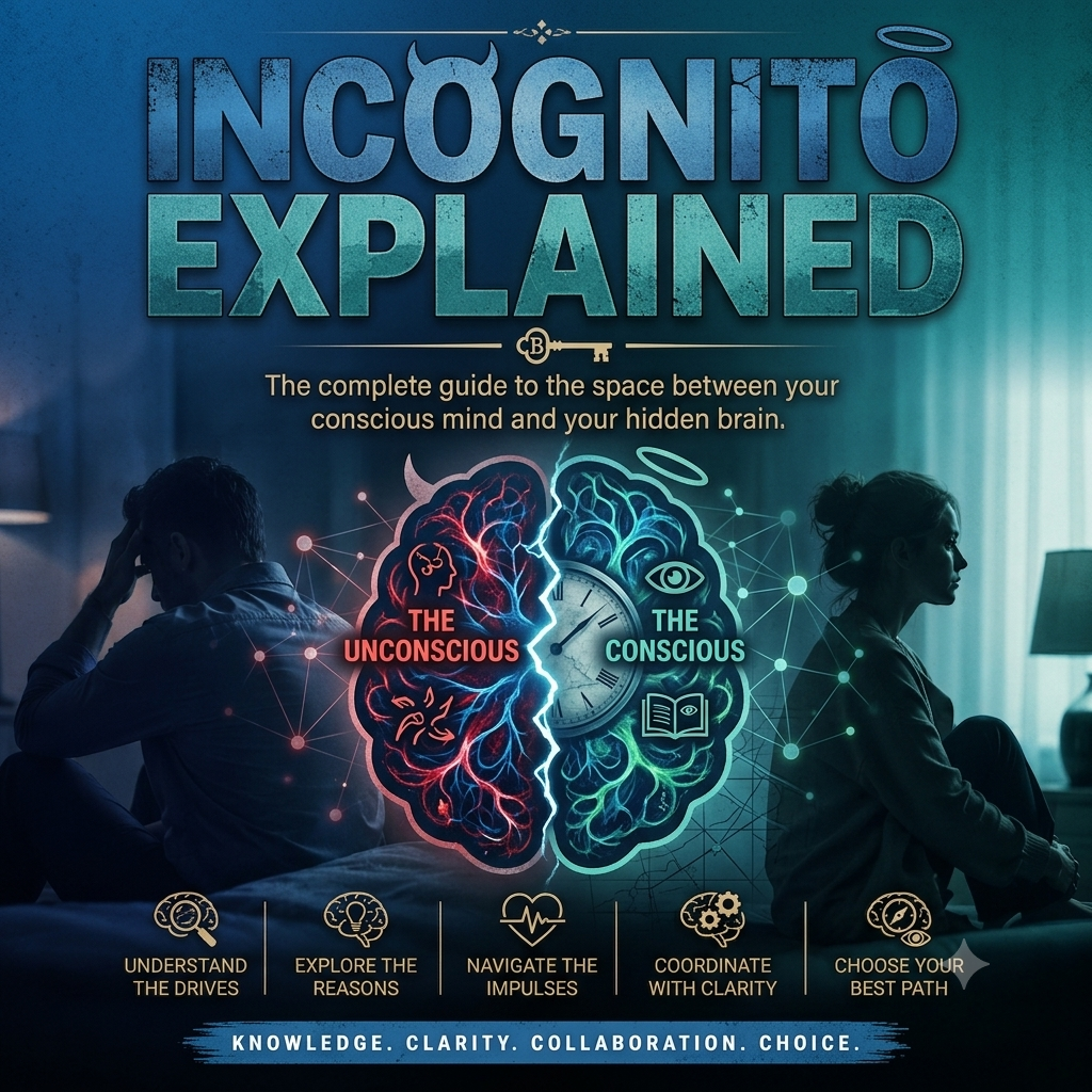 Book cover for 'Incognito Explained' featuring a stylized blue-toned brain illustration split into red and blue sections labeled 'The Unconscious' and 'The Conscious,' with two seated people in the background and the title at the top.