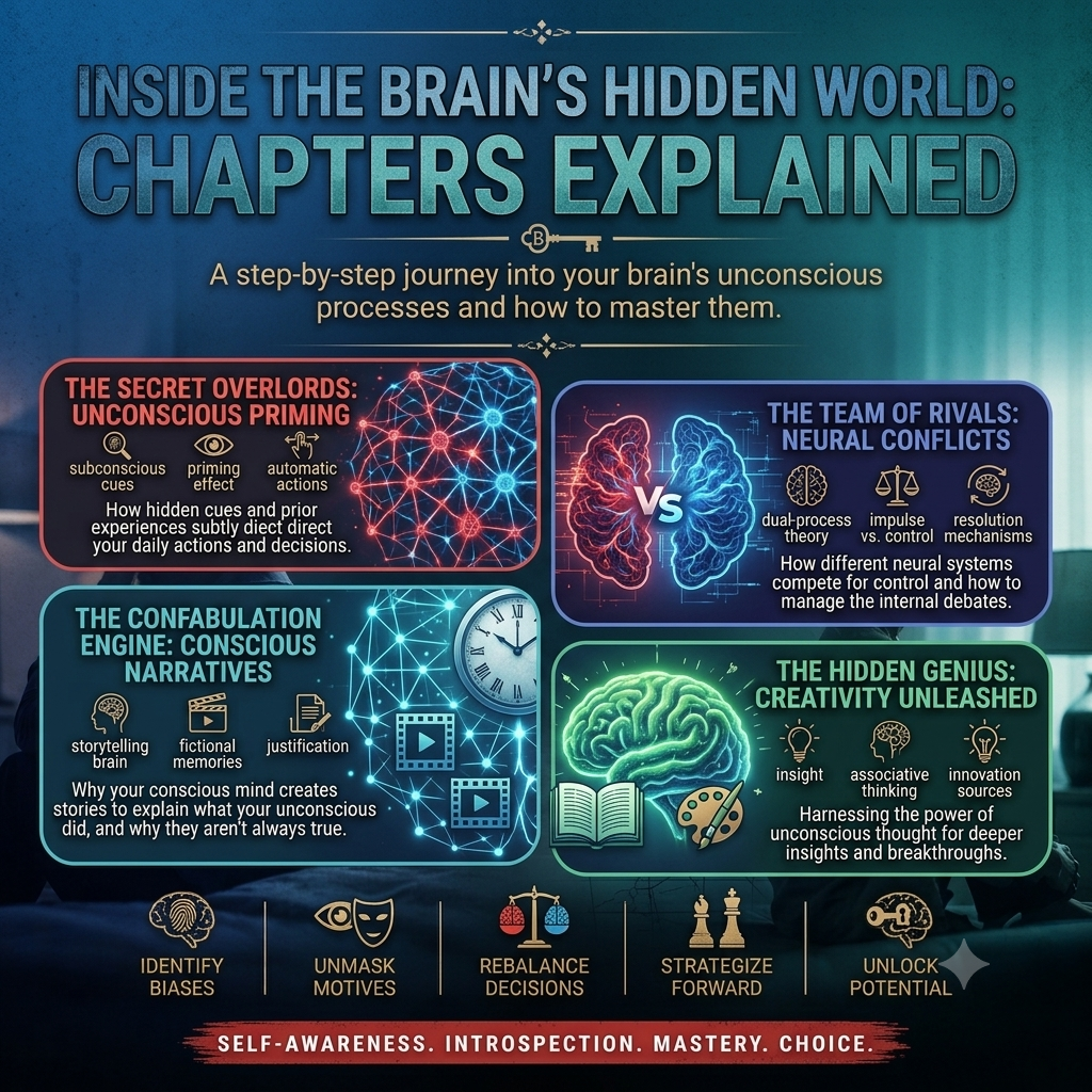 A stylized book-cover-like infographic titled 'Inside the Brain's Hidden World: Chapters Explained' with four illustrated brain sections and text about unconscious processes, neural conflicts, conscious narratives, and creativity. No person, animal, or real environment is present, so this is not Lifestyle.