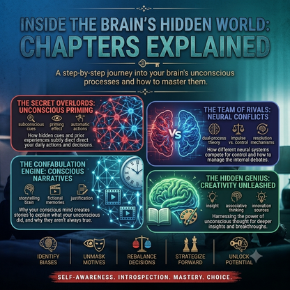 A stylized book-cover-like infographic titled 'Inside the Brain's Hidden World: Chapters Explained' with four illustrated brain sections and text about unconscious processes, neural conflicts, conscious narratives, and creativity. No person, animal, or real environment is present, so this is not Lifestyle.