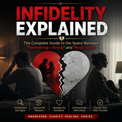 Book cover for 'Infidelity Explained' featuring a dramatic red and white title over a dark bedroom scene with two silhouetted people and a broken heart graphic in the center.