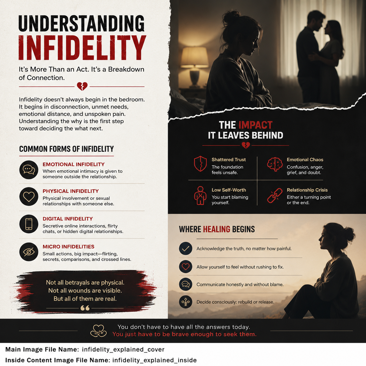 An informational poster titled 'Understanding Infidelity' with a split design: a white left panel with red and black text, and a dark right panel showing a couple in a dimly lit room. The poster includes sections on common forms of infidelity, impact of infidelity, and where healing begins, using icons and callout text.