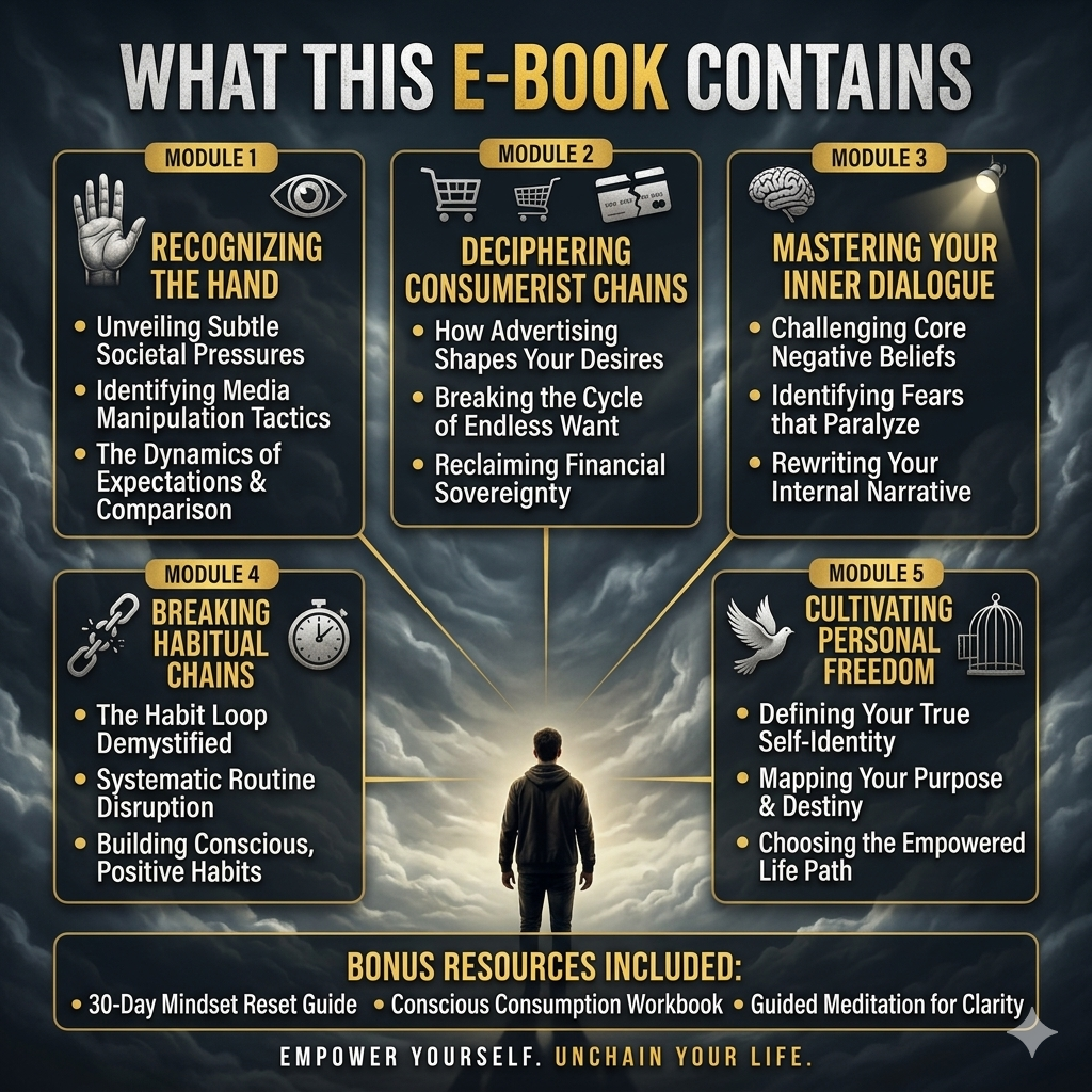 A detailed interior preview and content spread from the eBook, The Invisible Hand on Your Life, illustrating chapters on hidden societal systems.