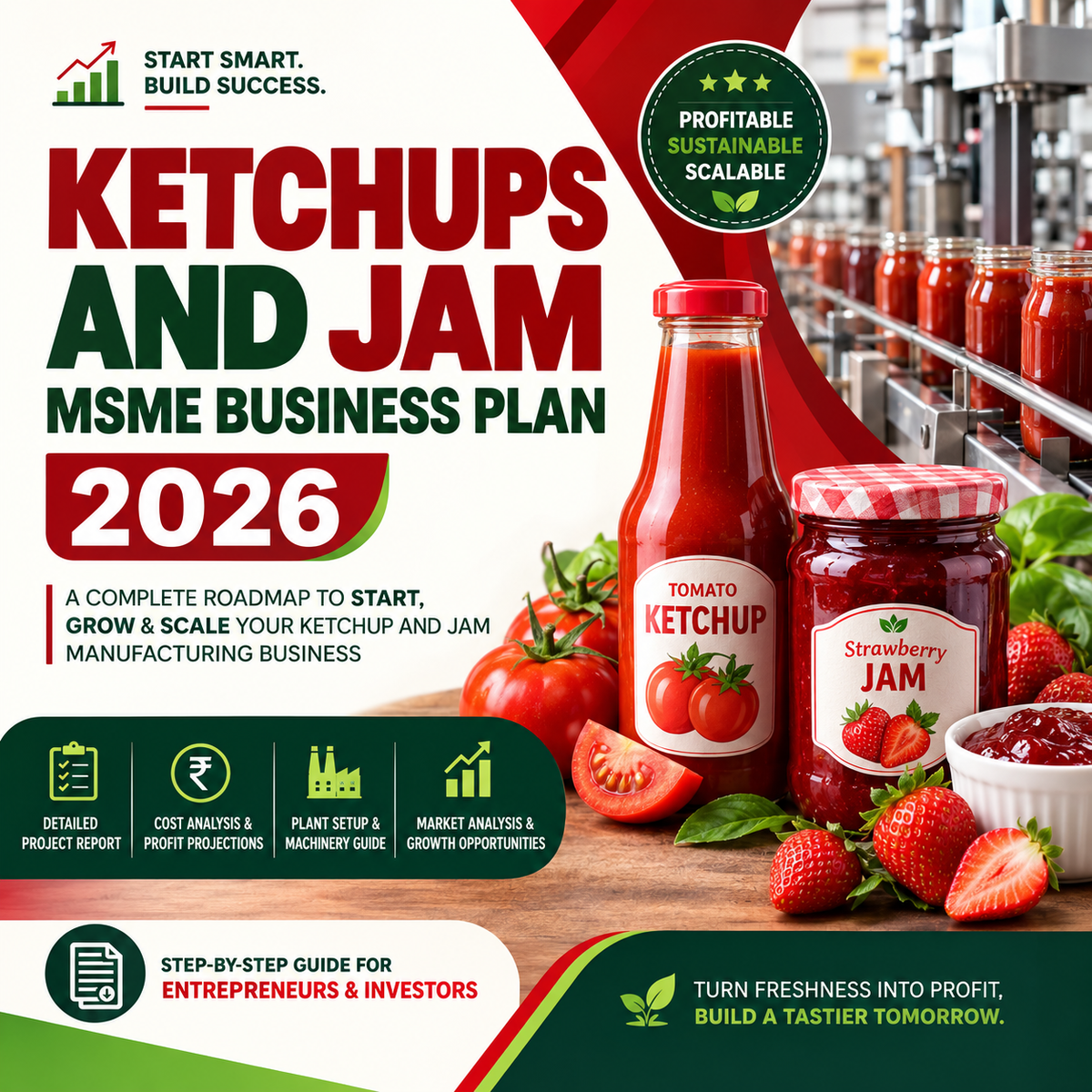 Promotional cover graphic for a 'Ketchups and Jam Msme Business Plan 2026' guide, featuring tomatoes, strawberries, a ketchup bottle, and a strawberry jam jar on a production line background, with bold text and green/red design elements.