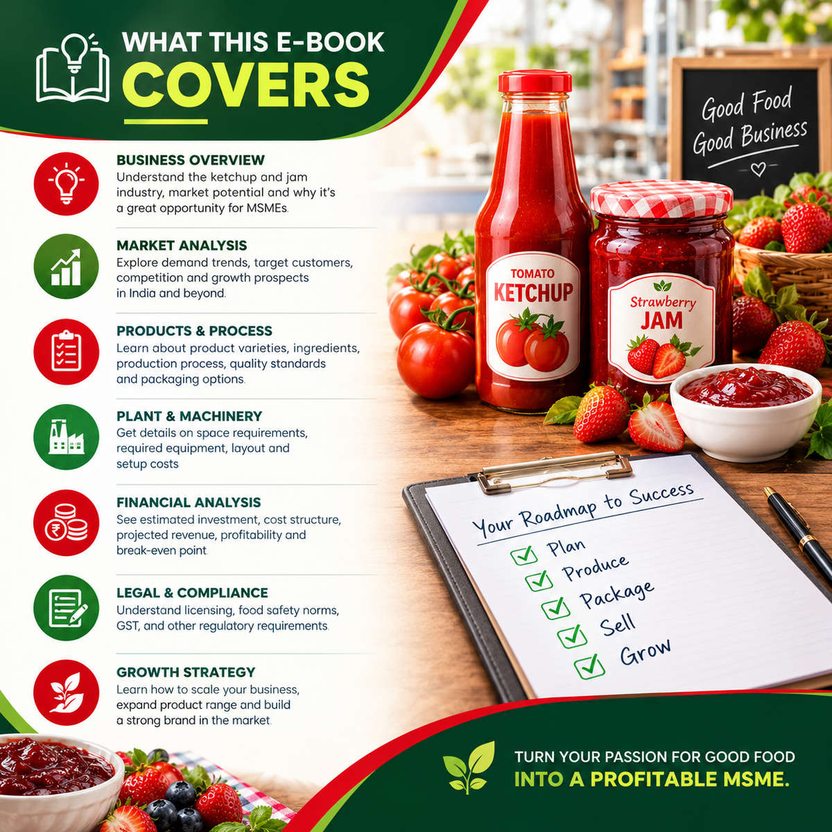 An infographic-style e-book cover titled 'WHAT THIS E-BOOK COVERS' with green and white branding, listing topics like business overview, market analysis, products & process, plant & machinery, financial analysis, legal & compliance, and growth strategy. The lower portion shows a tabletop scene with a bottle of tomato ketchup, a jar of strawberry jam, bowls of fruit and jam, and a clipboard with a checklist, reinforcing food-business themes.