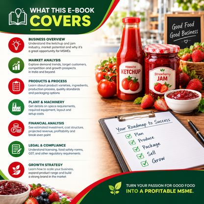 An infographic-style e-book cover titled 'WHAT THIS E-BOOK COVERS' with green and white branding, listing topics like business overview, market analysis, products & process, plant & machinery, financial analysis, legal & compliance, and growth strategy. The lower portion shows a tabletop scene with a bottle of tomato ketchup, a jar of strawberry jam, bowls of fruit and jam, and a clipboard with a checklist, reinforcing food-business themes.