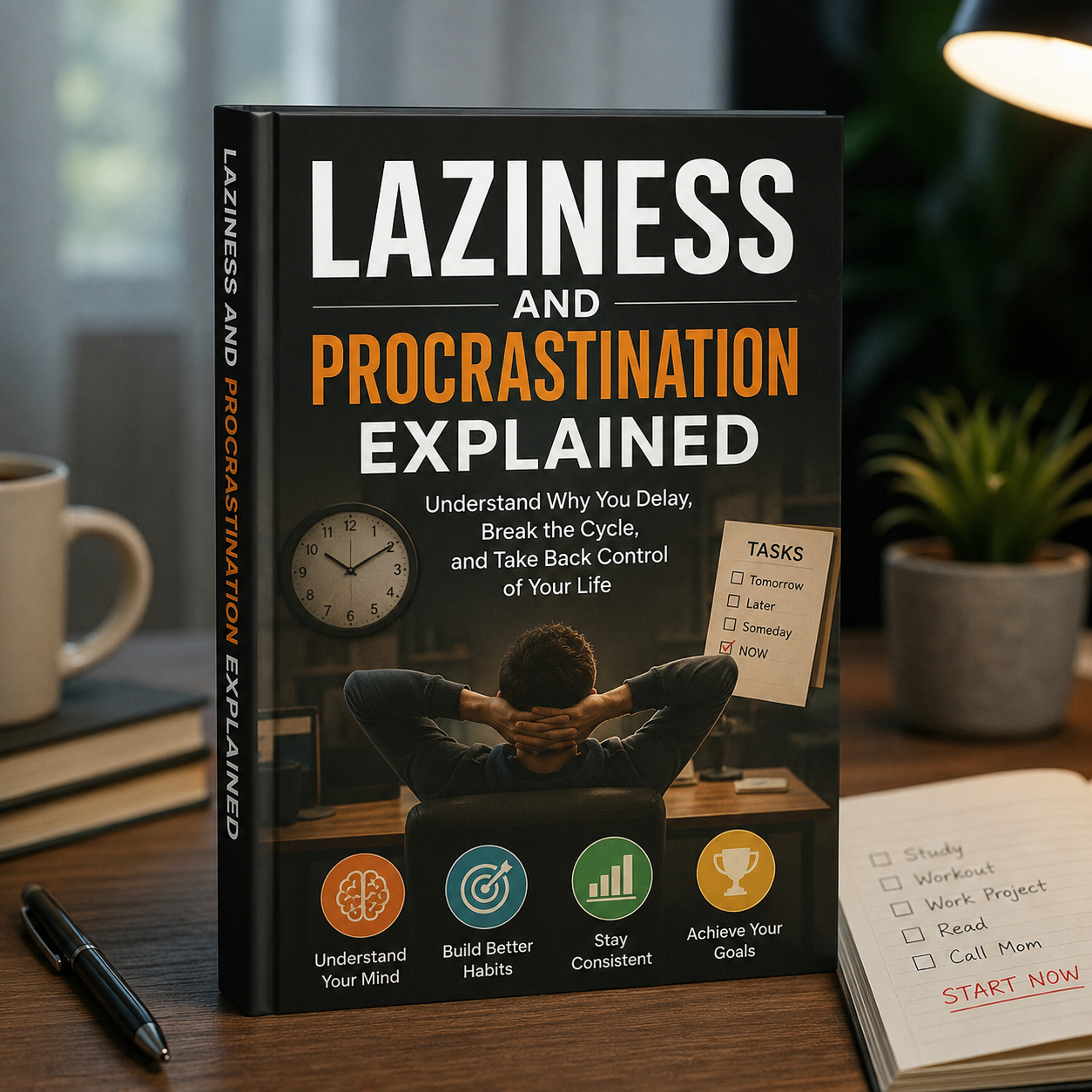 Front cover of the Laziness and Procrastination Explained book highlighting behavioral psychology and focus techniques