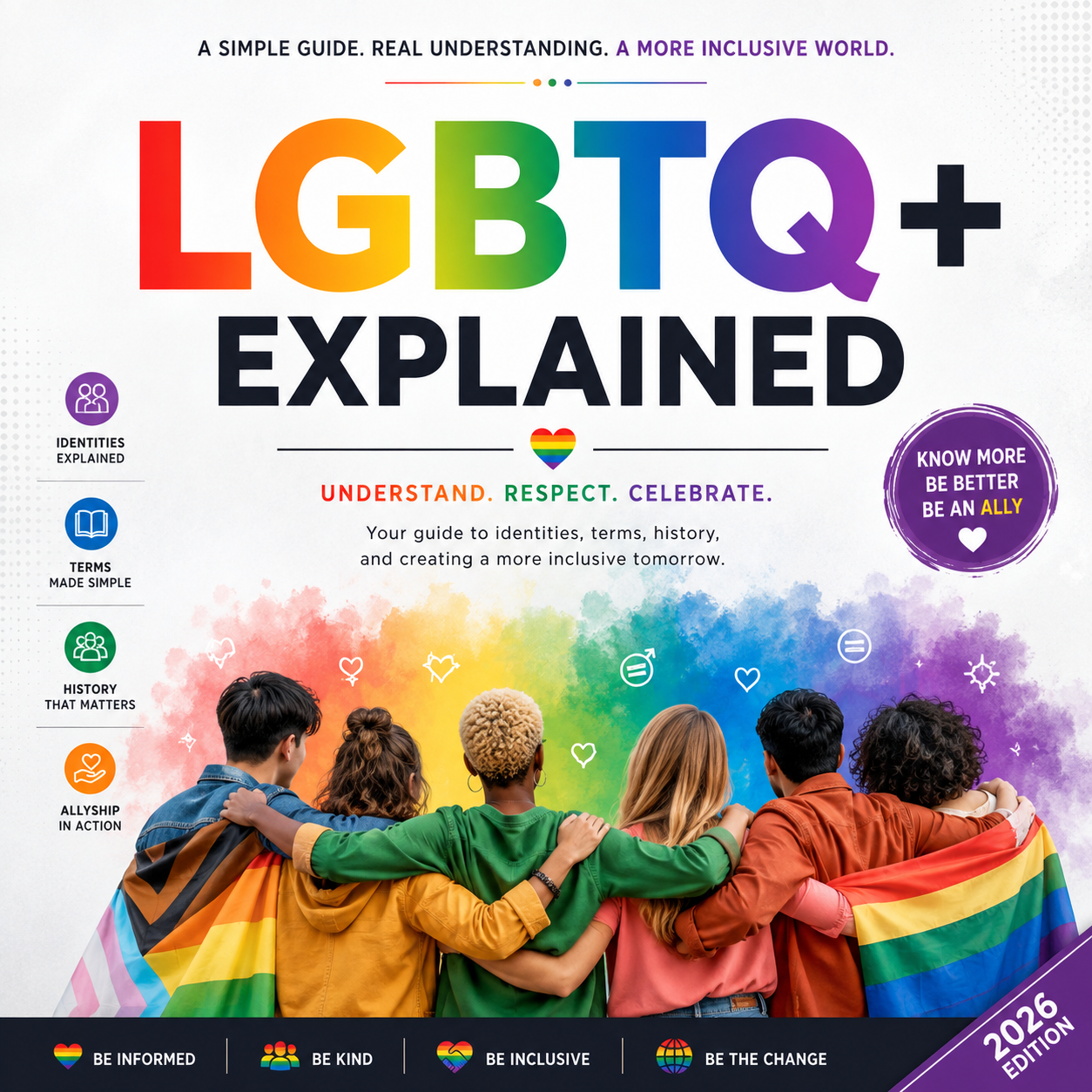 Front cover of the book 'LGBTQ+ Explained: 2026 Edition'. The cover features a white background with a vibrant rainbow watercolor splash in the center, behind a group of four young adults seen from behind wearing colorful rainbow-striped hoodies.
