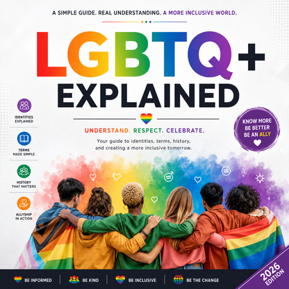 Front cover of the book 'LGBTQ+ Explained: 2026 Edition'. The cover features a white background with a vibrant rainbow watercolor splash in the center, behind a group of four young adults seen from behind wearing colorful rainbow-striped hoodies.