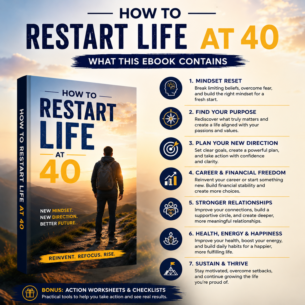 How to Restart Life at 40 outlining the four pillars of midlife transformation: financial restructuring, skill pivoting, physical wellness, and personal purpose.