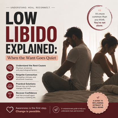 A book cover or digital guide cover titled 'LOW LIBIDO EXPLAINED: When the Want Goes Quiet' with a beige background, large black and dark red typography, and a photo of a couple sitting on a bed. A pink badge on the right says 'A GUIDE TO RECLINING INTIMACY & WELL-BEING.