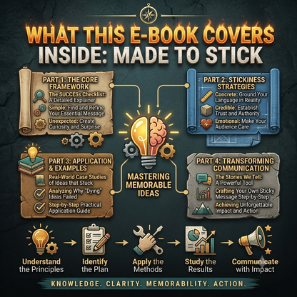 Promotional infographic for an e-book titled 'What This E-Book Covers: Inside: Made to Stick', showing four colored panels with icons and text about core framework, stickiness strategies, application & examples, and transforming communication, plus a central lightbulb and the words 'Mastering Memorable Ideas'.