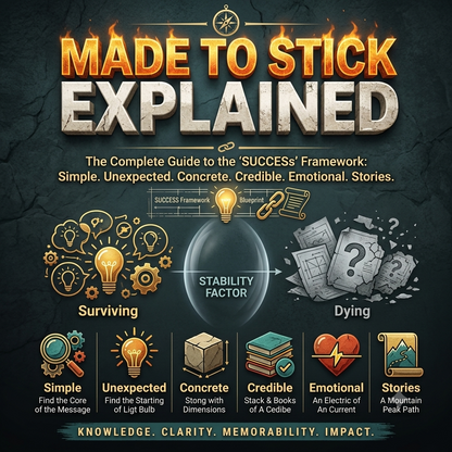 An infographic-style cover graphic titled 'MADE TO STICK EXPLAINED' on a dark textured background, with the subtitle about the 'SUCCESS' Framework. The design includes illustrated icons and text for Surviving, Stability Factor, and Dying, plus a row of feature callouts such as Simple, Unexpected, Concrete, Credible, Emotional, and Stories.