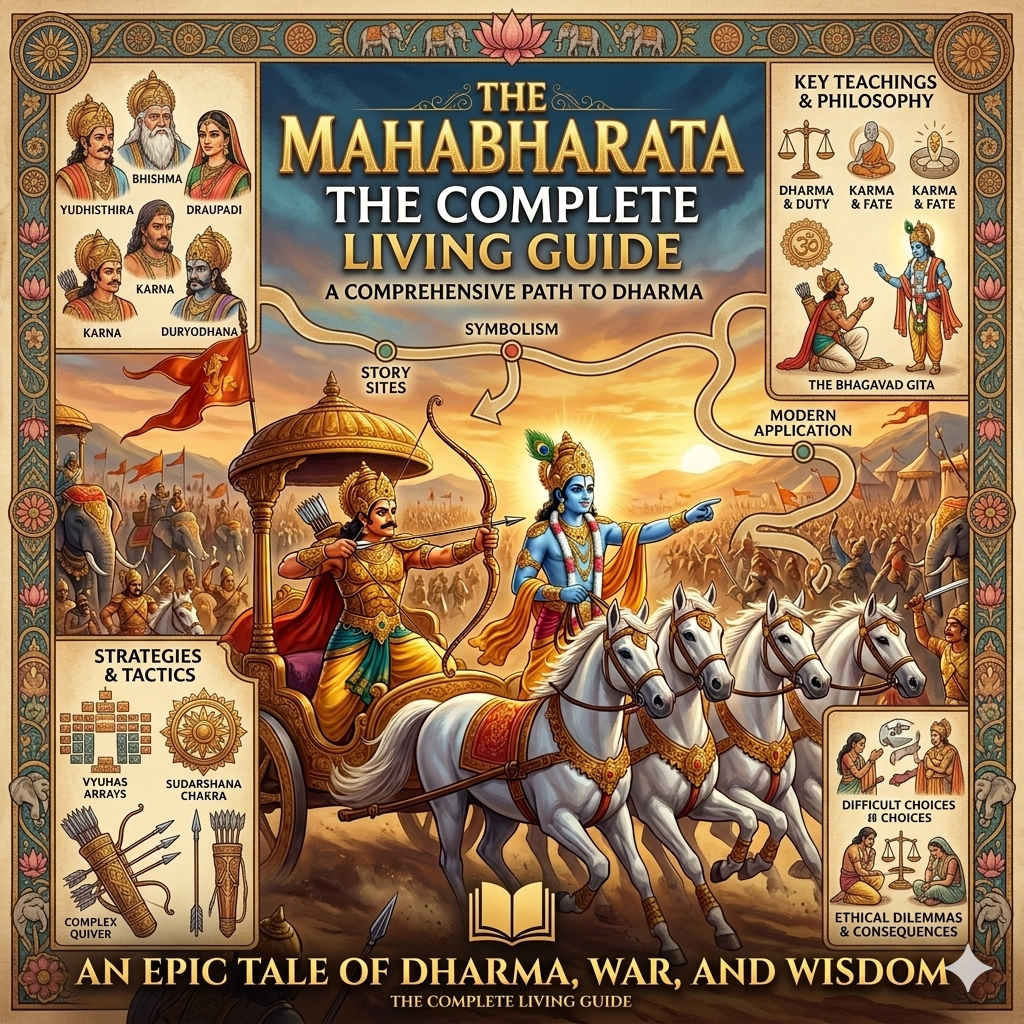 The Mahabharata: The Complete Living Guide illustrating the core philosophical themes, key character archetypes, and ethical decision-making frameworks across the 18 Parvas.
