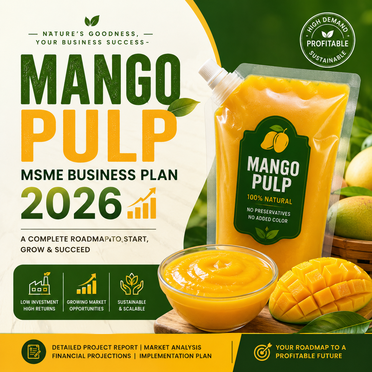 Mango Pulp MSME Business Plan 2026 featuring industrial fruit pulping machines, pasteurization lines, and packaged Alphonso and Totapuri mango pulp.