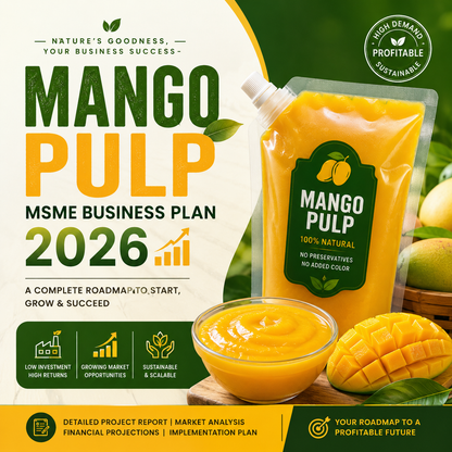 Mango Pulp MSME Business Plan 2026 featuring industrial fruit pulping machines, pasteurization lines, and packaged Alphonso and Totapuri mango pulp.