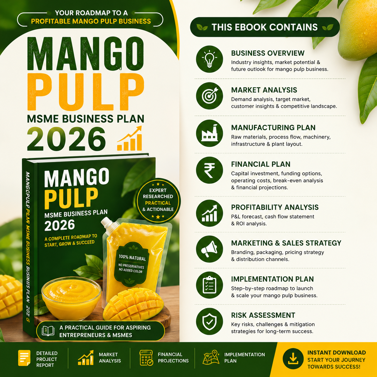 Mango Pulp Business Plan illustrating mango sorting and washing, rotary pulping and destoning, thermal pasteurization, aseptic filling, and cold storage.