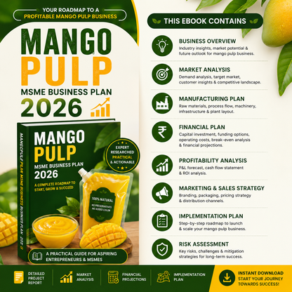 Mango Pulp Business Plan illustrating mango sorting and washing, rotary pulping and destoning, thermal pasteurization, aseptic filling, and cold storage.