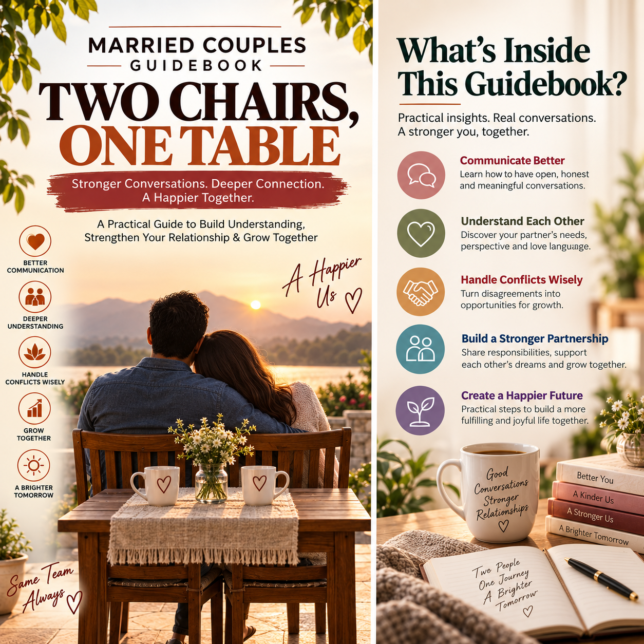 Promotional graphic for the 'Two Chairs, One Table' Married Couples Guidebook, featuring a couple from behind sitting at a table with heart details, alongside text panels outlining the guidebook's contents.