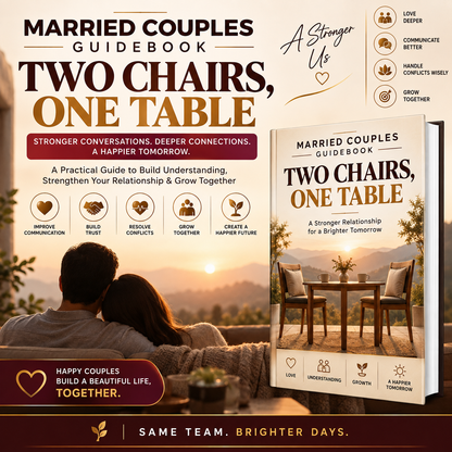 Promotional graphic for the book 'Two Chairs, One Table' from the Married Couples Guidebook series. The design features a large title, a subtitle about deeper connections and happier tomorrow, a photo of a couple looking at a sunset, a smaller inset of the book cover, and a column of relationship benefits on the right.