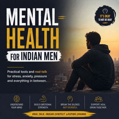 Book cover for 'Mental Health for Indian Men' featuring a man sitting on a rooftop overlooking a city skyline at sunset. The cover has a dark navy background with bold yellow and white text, and four key benefit icons at the bottom.