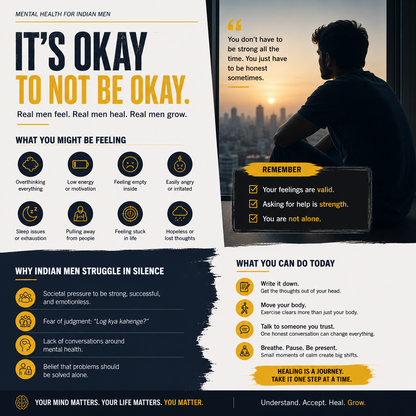 An informational poster titled 'MENTAL HEALTH FOR INDIAN MEN' with text panels, icons, and a photo of a man looking out over a city skyline. The design uses black, white, and yellow as the main colors, with a blue-gray gradient background.