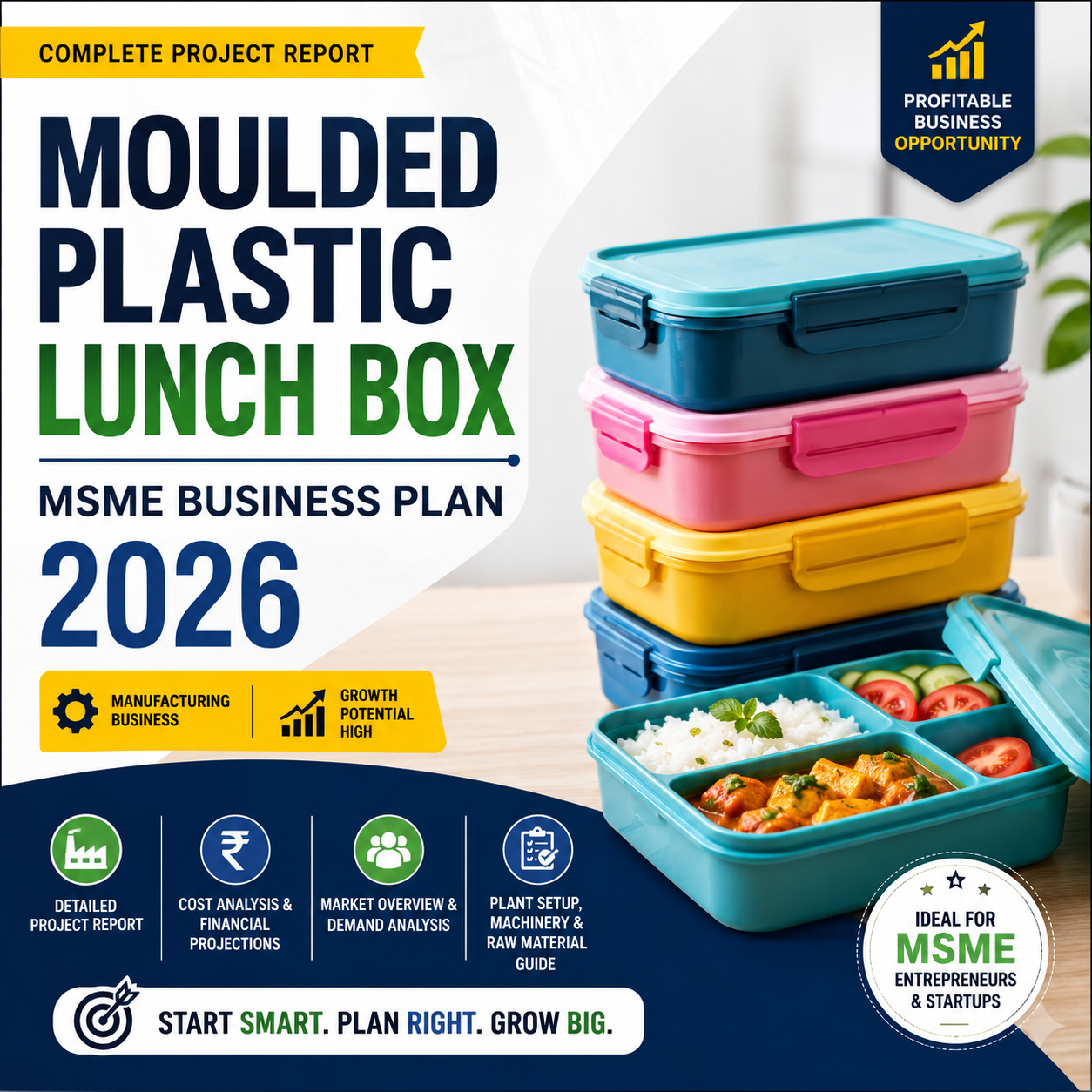 Moulded Plastic Lunch Box MSME Business Plan 2026 featuring horizontal plastic injection moulding machines, multi-compartment food-grade PP lunch boxes, and airtight silicone-sealed containers.