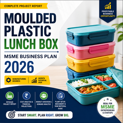 Moulded Plastic Lunch Box MSME Business Plan 2026 featuring horizontal plastic injection moulding machines, multi-compartment food-grade PP lunch boxes, and airtight silicone-sealed containers.