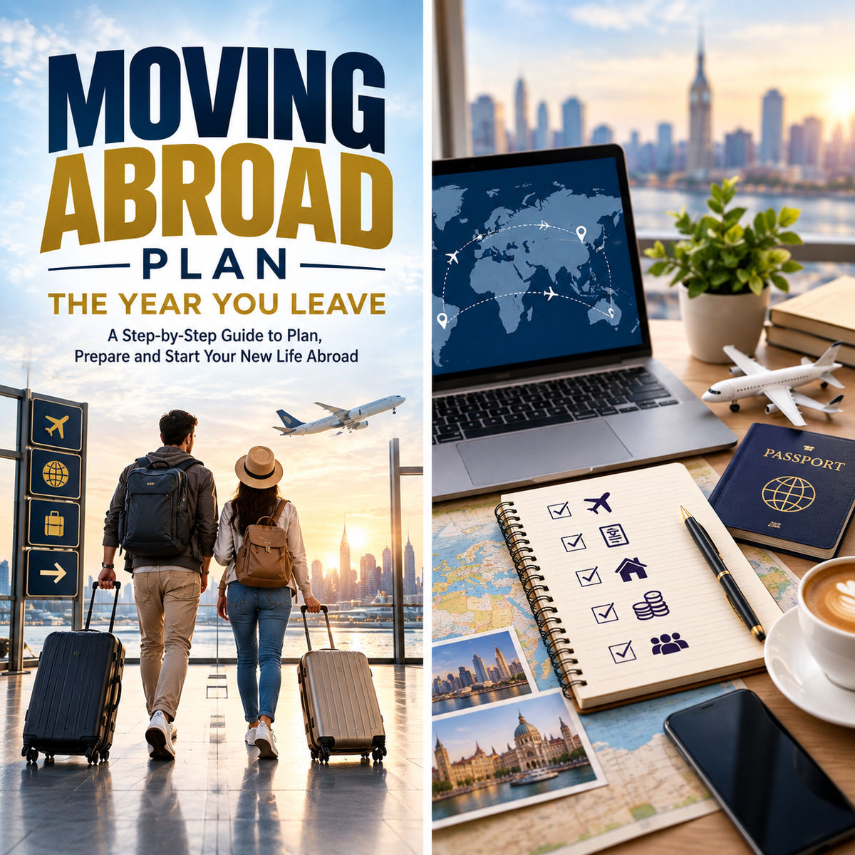 A split promotional graphic for a guide titled 'MOVING ABROAD PLAN: THE YEAR YOU LEAVE.' The left side shows two travelers with rolling suitcases walking through an airport terminal at sunset, with an airplane and city skyline in the background.