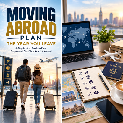 A split promotional graphic for a guide titled 'MOVING ABROAD PLAN: THE YEAR YOU LEAVE.' The left side shows two travelers with rolling suitcases walking through an airport terminal at sunset, with an airplane and city skyline in the background.