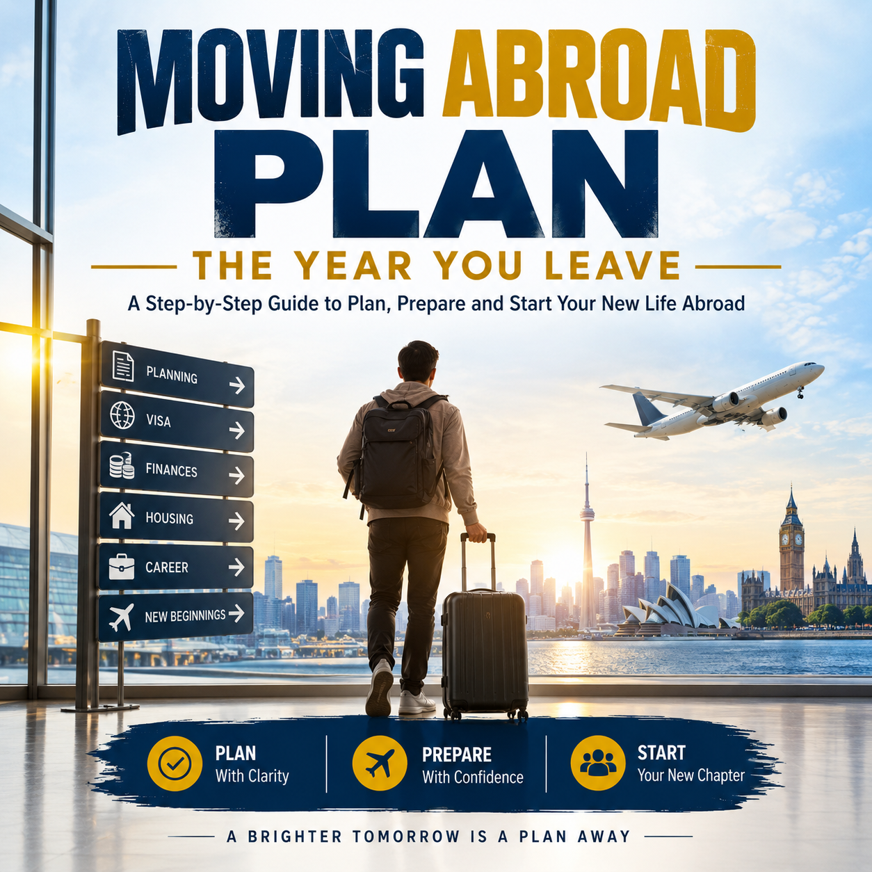 Promotional graphic for a guide titled 'Moving Abroad Plan: The Year You Leave,' showing a person with a suitcase and backpack standing in an airport terminal, a city skyline at sunset, an airplane in the sky, and text outlining planning, visa, finances, housing, career, and new beginnings.