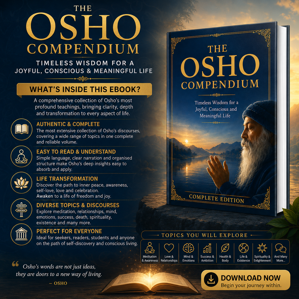 The Osho Compendium illustrating core spiritual themes, meditation techniques, and pathways to self-awareness.