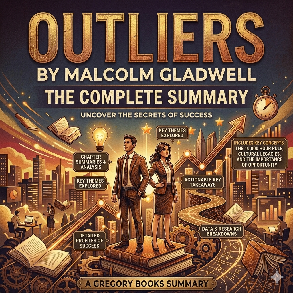 Outliers Summary illustrating Malcolm Gladwell's framework of success, including deliberate practice, cultural legacy, timing, and accumulated advantages.