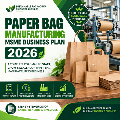 Promotional cover graphic for a 'Paper Bag Manufacturing' MSME business plan 2026. The design features brown paper bags and stacks on a wooden table in the foreground, with a paper bag manufacturing machine in a factory setting in the background.