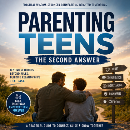 Book cover for 'Parenting Teens: The Second Answer' featuring a sunset scene with a father and son sitting together, large blue title text, and a signpost with words like Trust, Communication, Understanding, Boundaries, and Confidence.