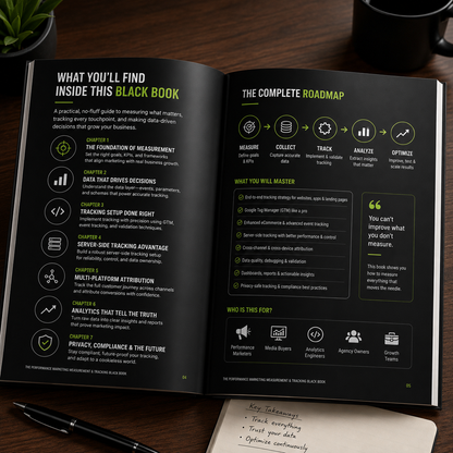 The Performance Marketing Measurement & Tracking Black Book product cover displaying digital marketing attribution frameworks.
