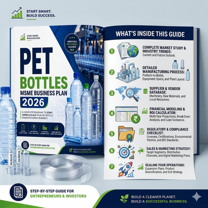 PET Bottles Business Plan illustrating PET preform loading, IR oven pre-heating, stretch blow moulding, high-pressure air expansion, bottle ejection, and conveyor air-line transport.