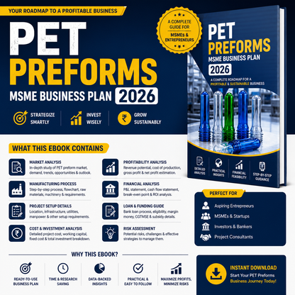 PET Preforms Business Plan illustrating virgin PET resin dehumidification drying, plasticizing screw extrusion, high-pressure injection into multi-cavity moulds, chilled water cooling, and robotic auto-unloading.
