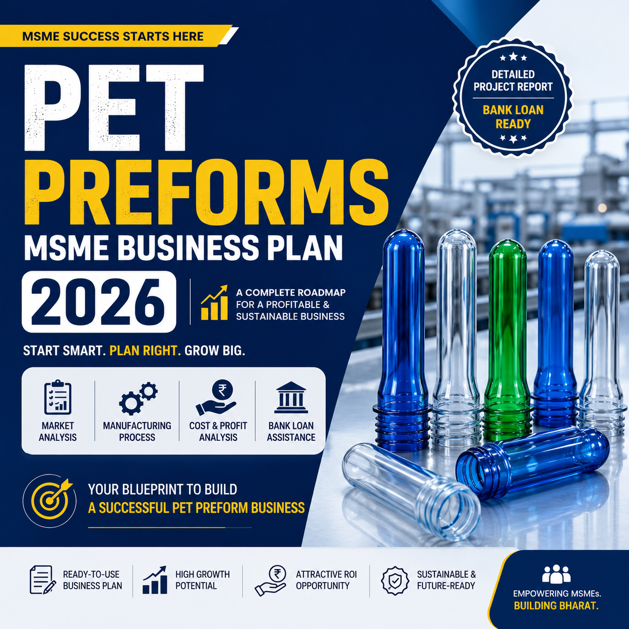 PET Preforms MSME Business Plan 2026 featuring high-speed PET preform injection moulding machines, multi-cavity hot runner moulds, and transparent neck-finished PET preforms.