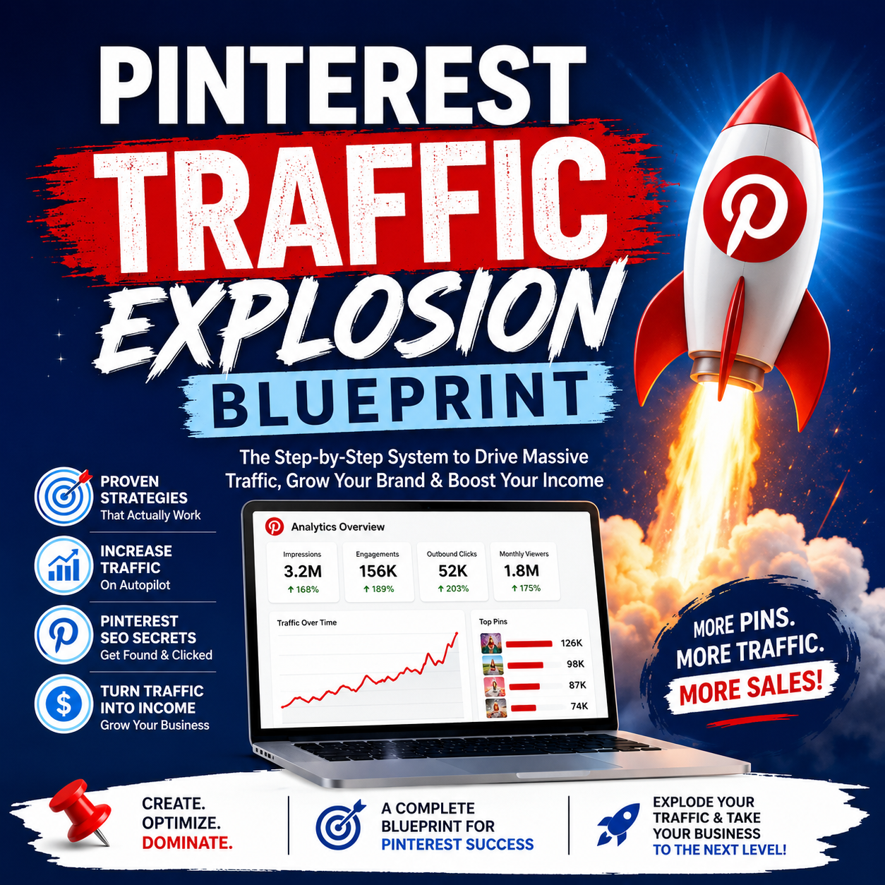Pinterest Traffic Explosion Blueprint digital guide featuring visual search SEO frameworks, viral pin design templates, and traffic conversion checklists.