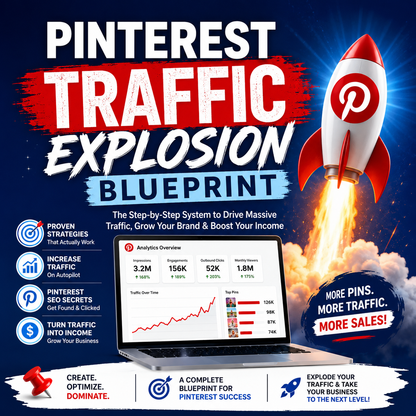 Pinterest Traffic Explosion Blueprint digital guide featuring visual search SEO frameworks, viral pin design templates, and traffic conversion checklists.