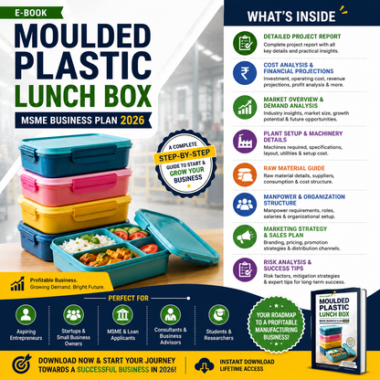 Plastic Lunch Box Business Plan illustrating food-grade PP resin hopper feeding, thermal barrel melting, high-pressure injection moulding, water chiller mold cooling, auto ejection, and silicone seal assembly.
